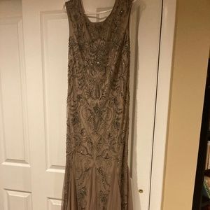 Taupe beaded sleeveless evening gown